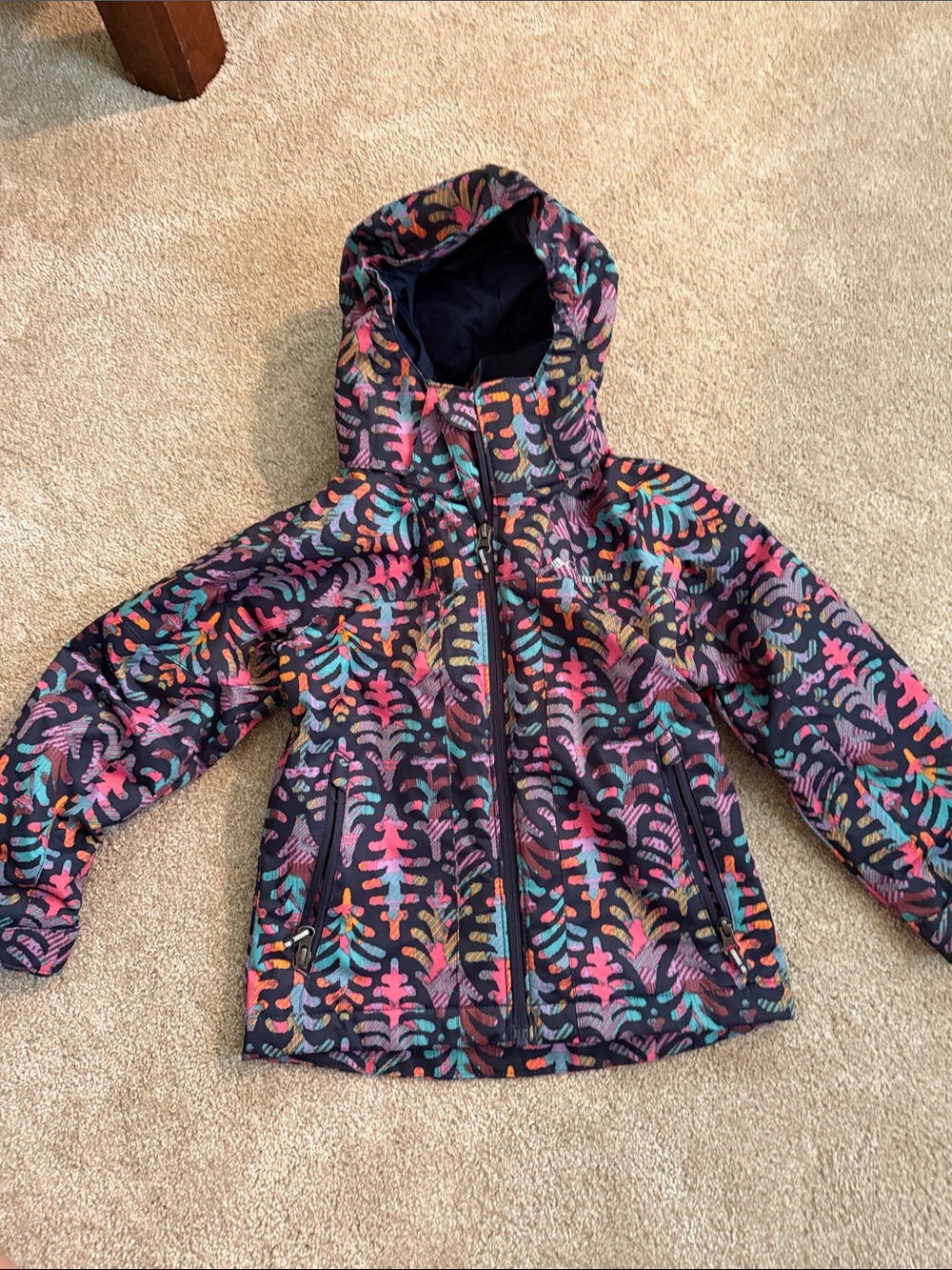 Girls' Hooded Raincoat in Navy with Multicolor Fern Print